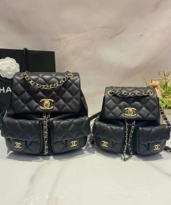 Shiny Caviar Quilted Small Duma Pockets Drawstring Backpack Black