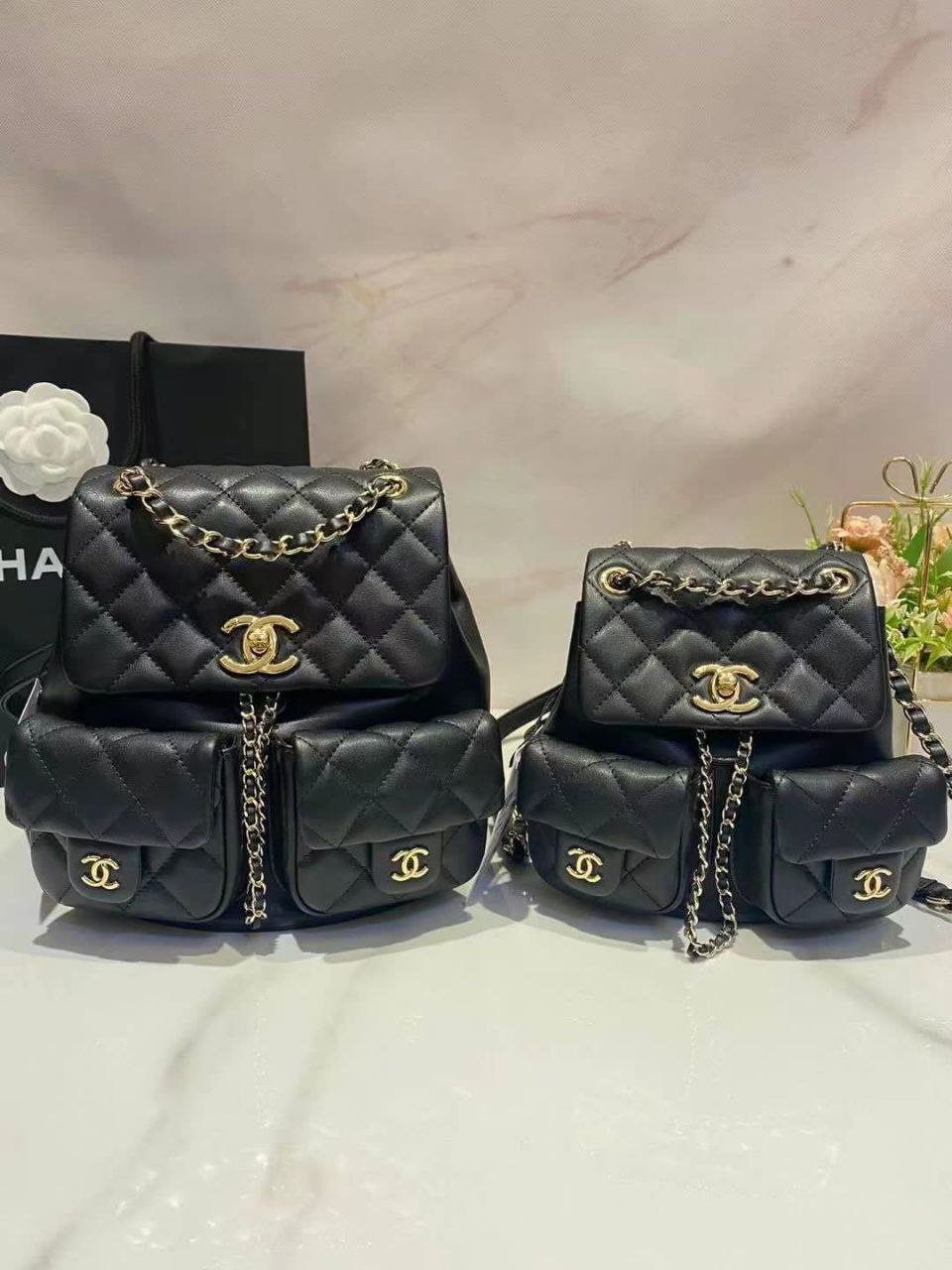 Shiny Caviar Quilted Small Duma Pockets Drawstring Backpack Black