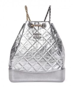 Metallic Crumpled Calfskin Quilted Gabrielle Backpack Silver