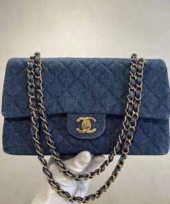 Denim Quilted CC Print Jumbo Single Flap Blue