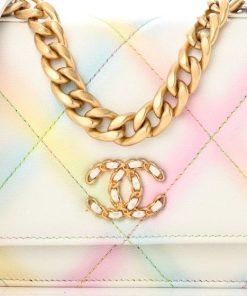 Printed Goatskin Quilted Chanel 19 Wallet On Chain WOC White Multicolor