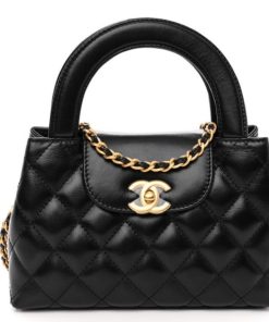 Shiny Aged Calfskin Quilted Nano Kelly Shopper Black