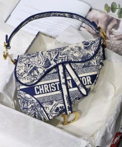 Design CHRISTIAN DIOR Canvas Embroidered Toile de Jouy Saddle Bag Blue