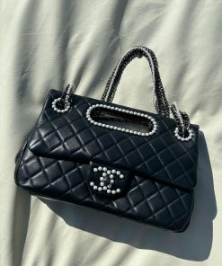 Design Chanel Small Shopping Bag Aged Shiny Lambskin Crystal Pearls; Black Metal Black