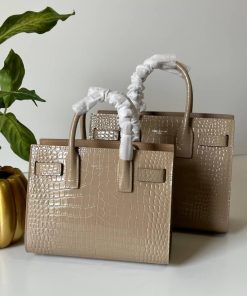 Design SAINT LAURENT Calfskin Crocodile Embossed Baby Sac De Jour Brown