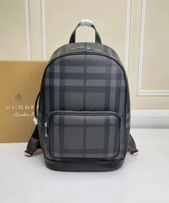Design Burberry Rocco Charcoal Checkered E-Canvas Backpack New