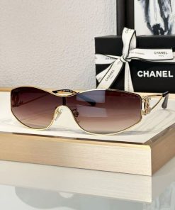 Design Chanel Logo Rhinestone Shield Sunglasses in Gold