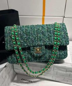 Design A GREEN TWEED MEDIUM DOUBLE FLAP BAG WITH SILVER HARDWARE